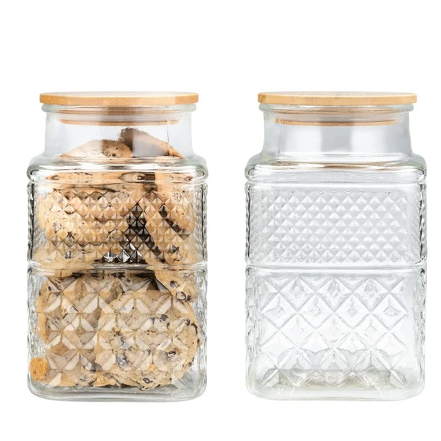 2PCS Square Glass Jars Coffee Pasta Sugar Tea Jar Snack Nuts Cookie Jar  With Bamboo Lid Airtight Lids - AliExpress