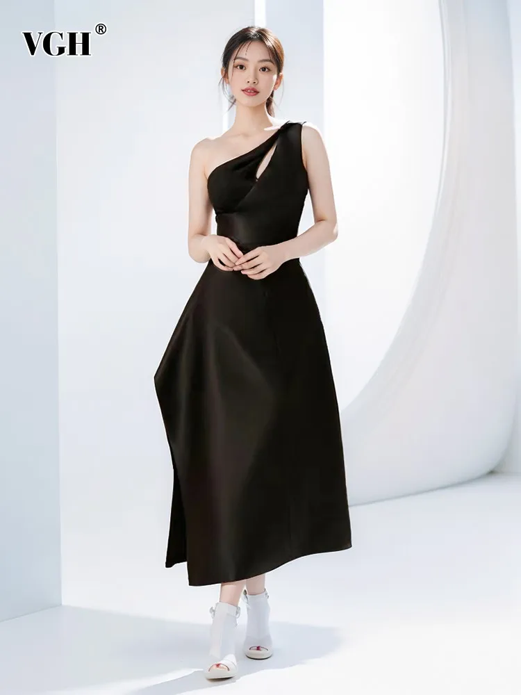 

VGH Solid Hollow Out Temperament Backless Dress For Women Diagonal Coller Sleeveless High Waist Elegant Dress Female Clothing