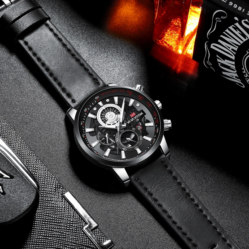 Brand Men Leather Watch Fashion Industrial Gear Clock 45mm Gold Quartz Movement Waterproof Man Military Sports Watch_voghion.com