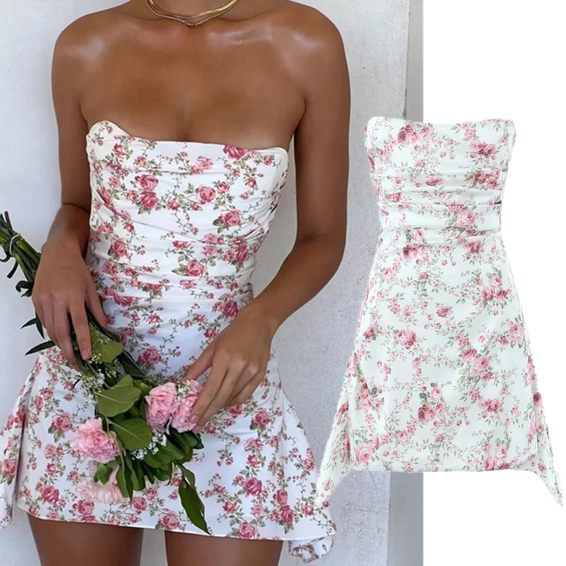 

Elmsk 2023 Summer Ins Fashion Blogger Retro Floral Printing Pleated Dress Sexy Off Shoulder Fashion Mini Dress Women