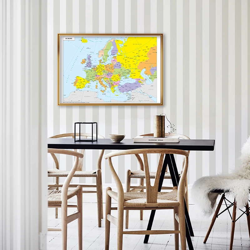 The Europe Map in French Spray Canvas Painting Vintage Wall Art Poster School Travel Supplies Home Decoration 59*42cm