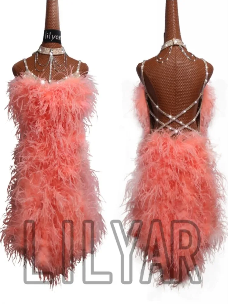 

New High-end Latin Dance Competition Female Orange Pink Ostrich Hair Performance Dress Flash Diamond Bandage