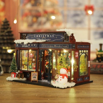 NUOVE case delle bambole in legno fai-da-te Merry Christmas Wonderland Kit in miniatura con luce a LED Decorazione domestica per regali fatti a mano di Natale per adulti 1