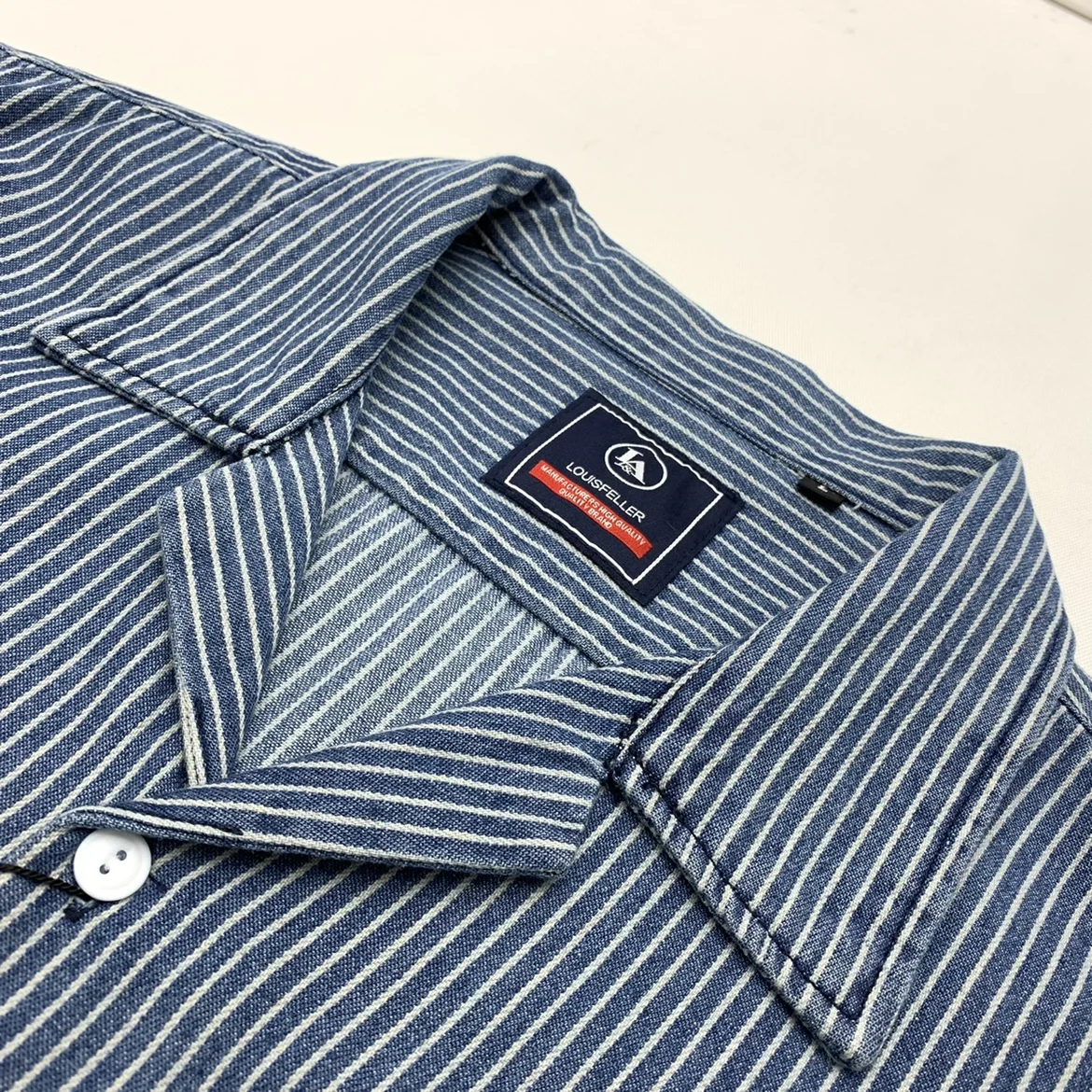Cotton Amekaji American Vintage Striped Short Sleeve Shirt Men Cuban Neck Denim Shirt Retro Casual Hong Kong Male Tops