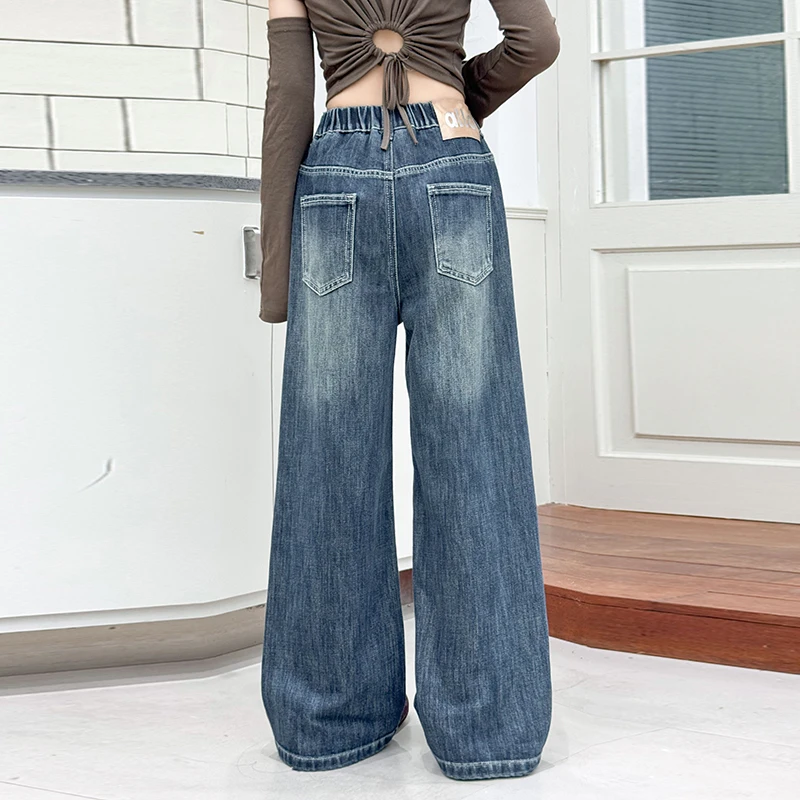 빈티지 탑스티치 디자인 아동용 봄 가을 스트레이트 핏 청바지 여아용 스타일리쉬 블루 데님 팬츠 5 7 10 11 12 14세