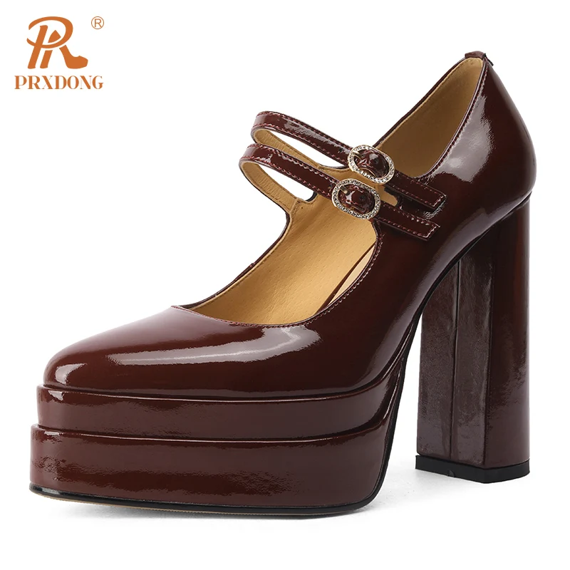 

PRXDONG New Brand 2024 Spring Summer Fashion Genuine Patent Leather Chunky High Heels Platform Black Wine Red Dress Party Pumps