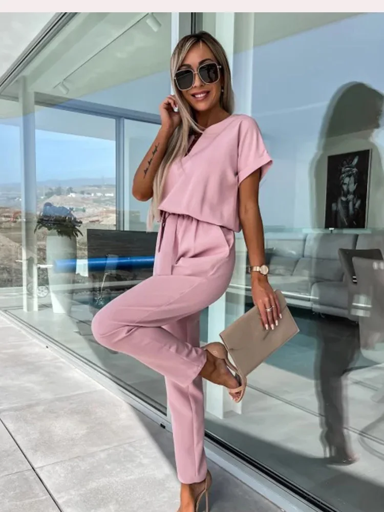 Summer Elegant Women Jumpsuit V-neck Fashion Short Sleeve Elastic Waist Belt Slant Pocket Casual Pants Romper Simple Jumpsuits