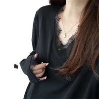 T-Shirt ample femme t-shirts noir blanc automne doux T-Shirt surdimensionné femmes t-shirts à manches longues col en v Sexy dentelle chemise femmes haut 1