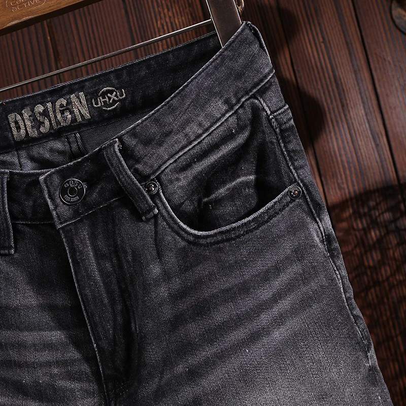 Fashion Vintage Men Jeans High Quality Black Gray Elastic Slim Fit Ripped Jeans Men Trousers Retro Designer Denim Pants Hombre