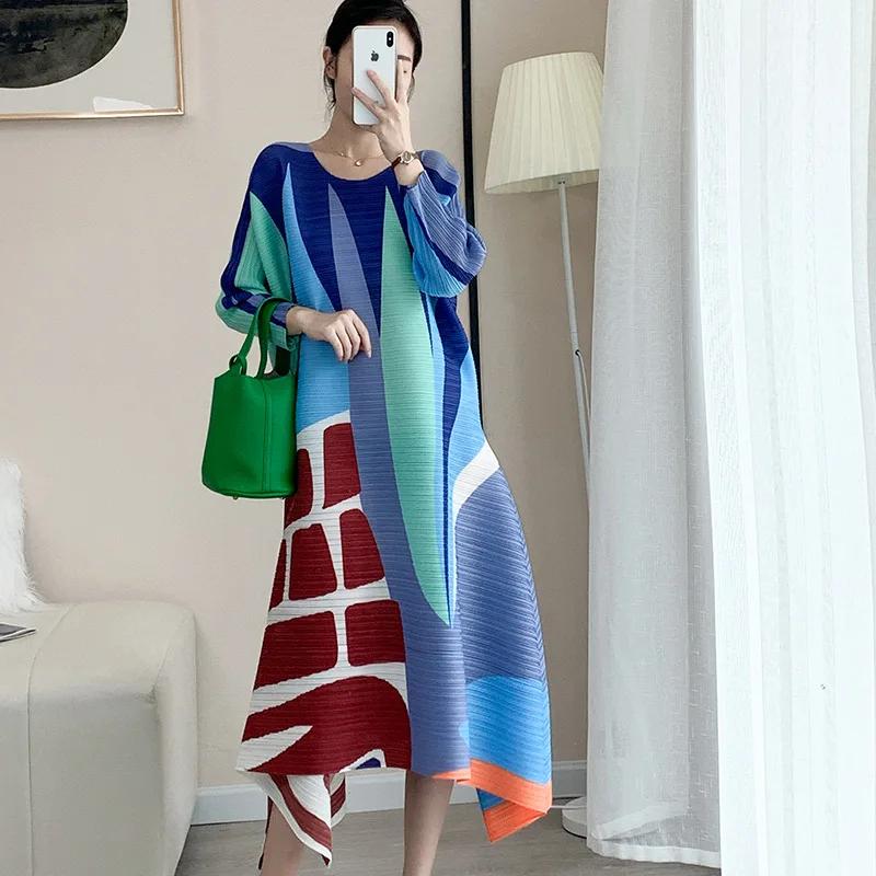 

Miyake Women's Pleated Fashion Print Long Sleeve Loose Fitting Dress Autumn Spring 2023 New Product High Grade Women's Wear