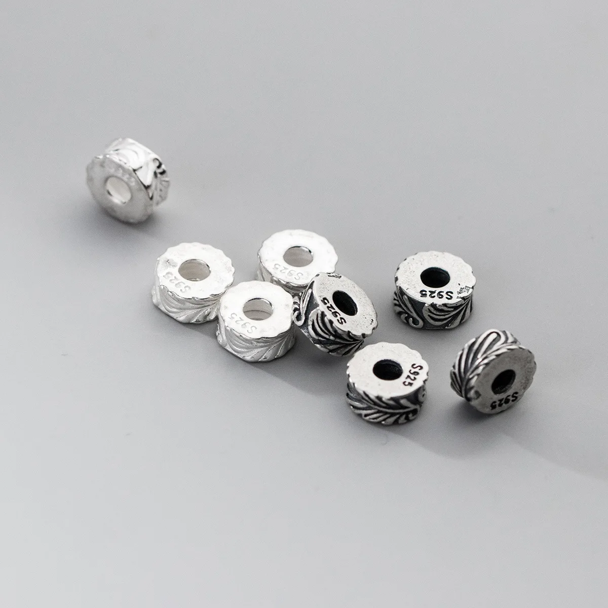 

100% Real Sterling 925 Silver Through-hole Septal Feather Pattern Bead Charm Diy Material Accessory For Bracelet Necklace