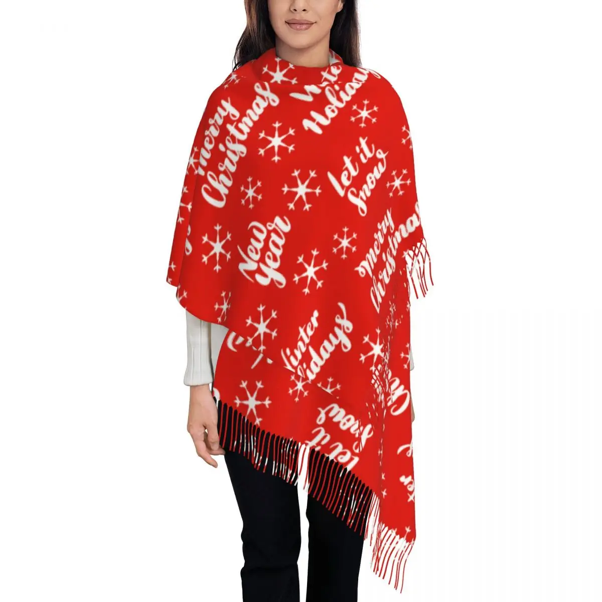 

Women's Scarf with Tassel Christmas Lettering Pattern Large Soft Warm Shawl Wrap New Year Reversible Pashmina Scarves