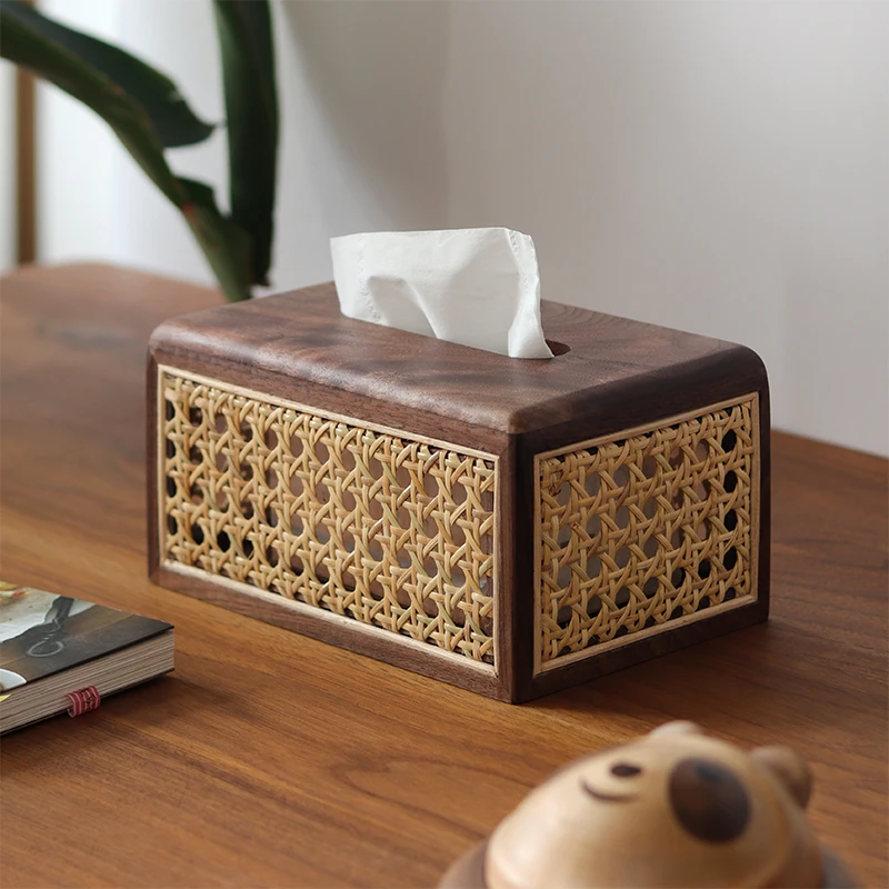 

Solid Wood Rattan Tissue Box Modern Simple Draw Paper Box Living Room Home/Hotel With Black Walnut Nordic Style