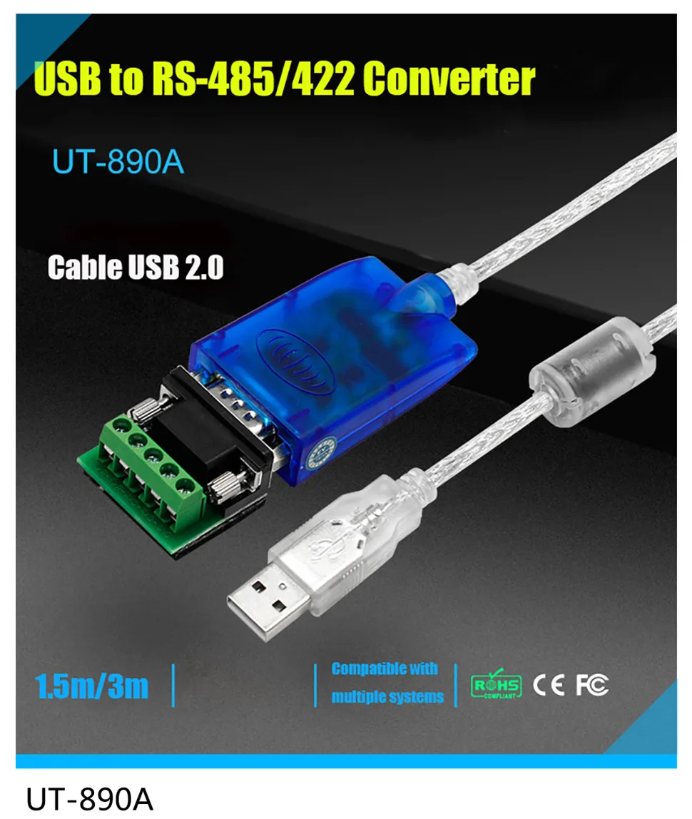 UOTEK 4.92ft USB to RS485 RS422 Cable Converter USB-A RS-422 RS-485 Adapter DB9 Connector Translucent Magnetic Ring UT-850N