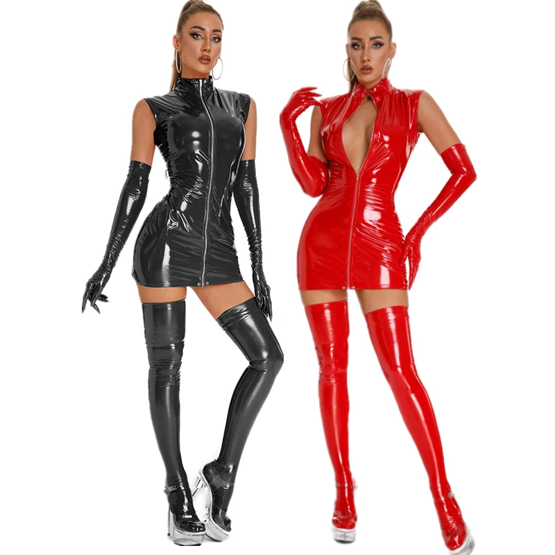 Donne Latex Leather Lingerie Hot Exotic Mini Dress Con Guanti E Calzini Lady Catsuit Lady Costumes Lenceria Femenina