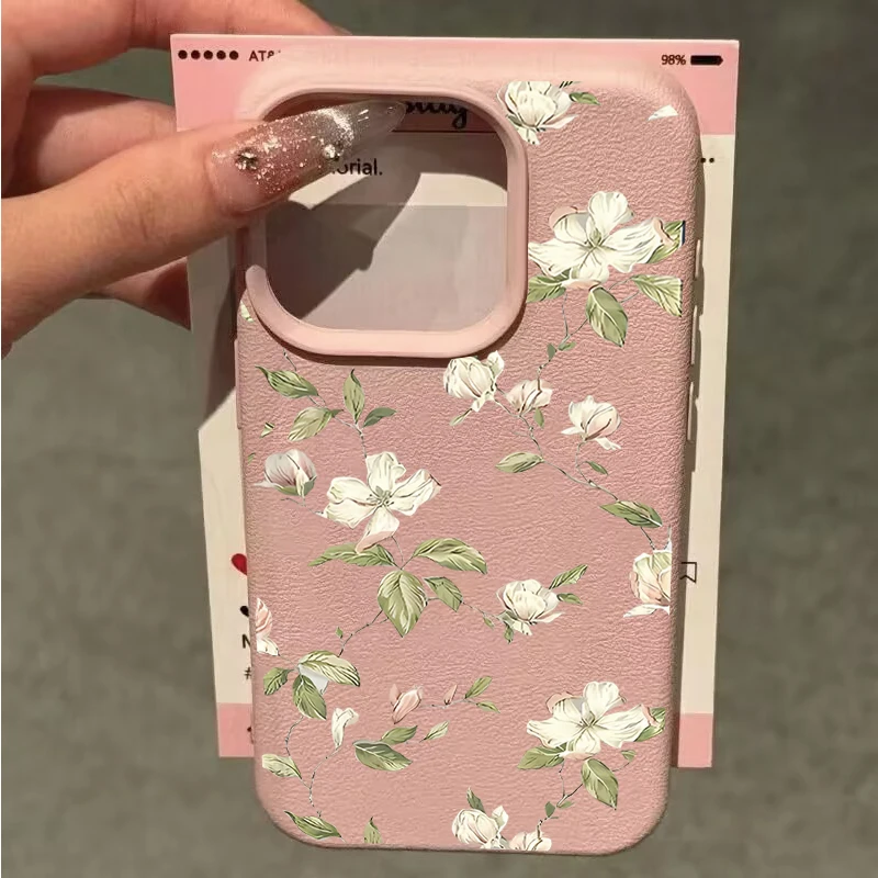 Charming White Floral Leaves Silicone Leather Phone Case