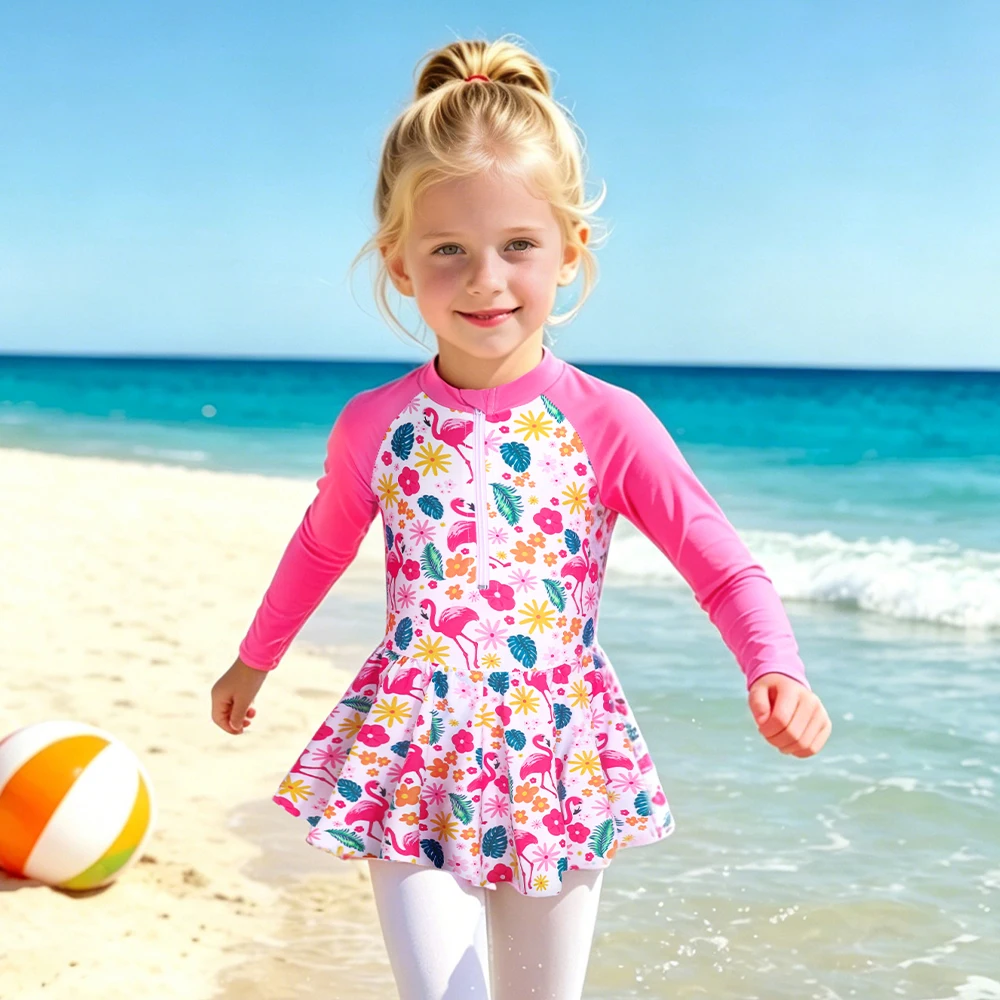 Einteiliger Badeanzug für Mädchen, langärmliges Badekleid für Mädchen, hawaiianischer Badeanzug mit Rock, Sommer-Bademode mit Flamingo-Print