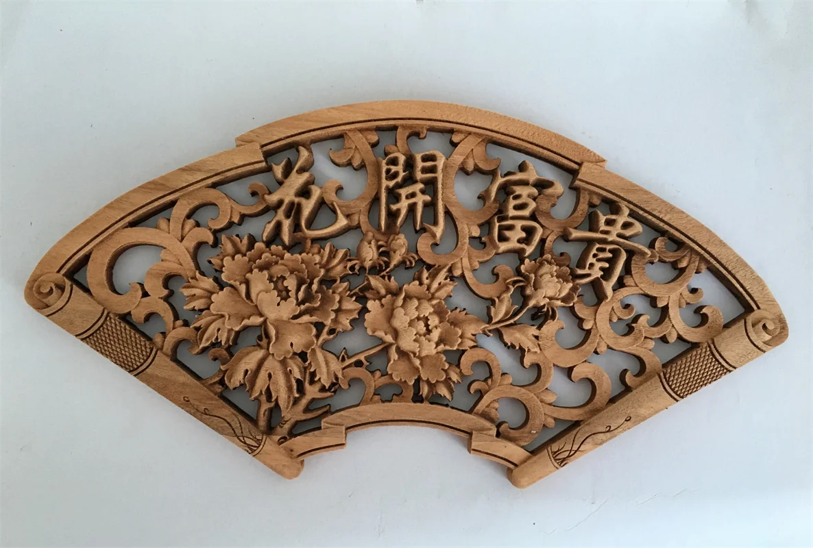 Fan-Shaped Wood Carving Decorations, Exquisite Home Crafts Decorations, Auspicious dragons and phoenix 5