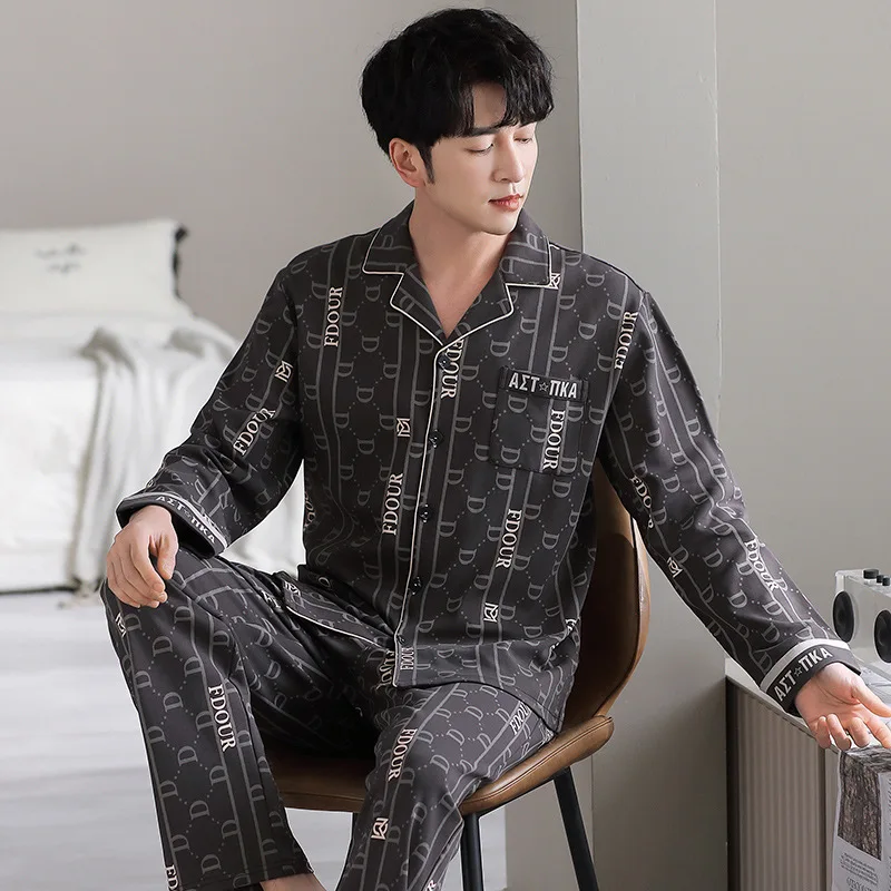 Autumn Winter Men's Cotton Pajamas Fashion Lapel Long Sleeve Cardigan Pants Comfortable Casual Loose Fitting Home Clothing Set