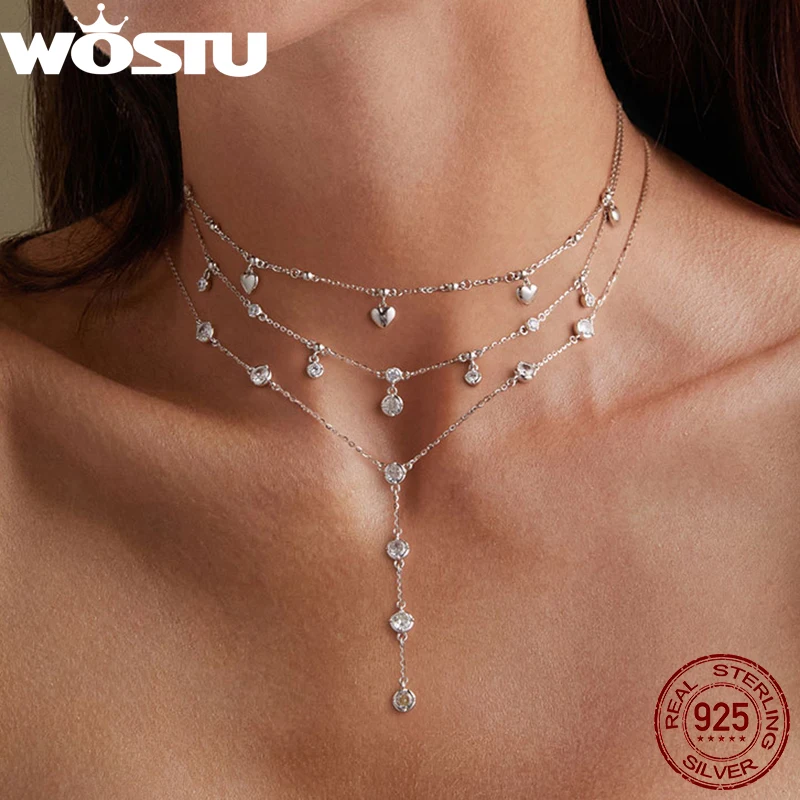 

WOSTU Real 925 Sterling Wedding Stackable Heart Tassel Necklace Round Zircon Chain Sparkling Y-chain Links Stackable Jewelry