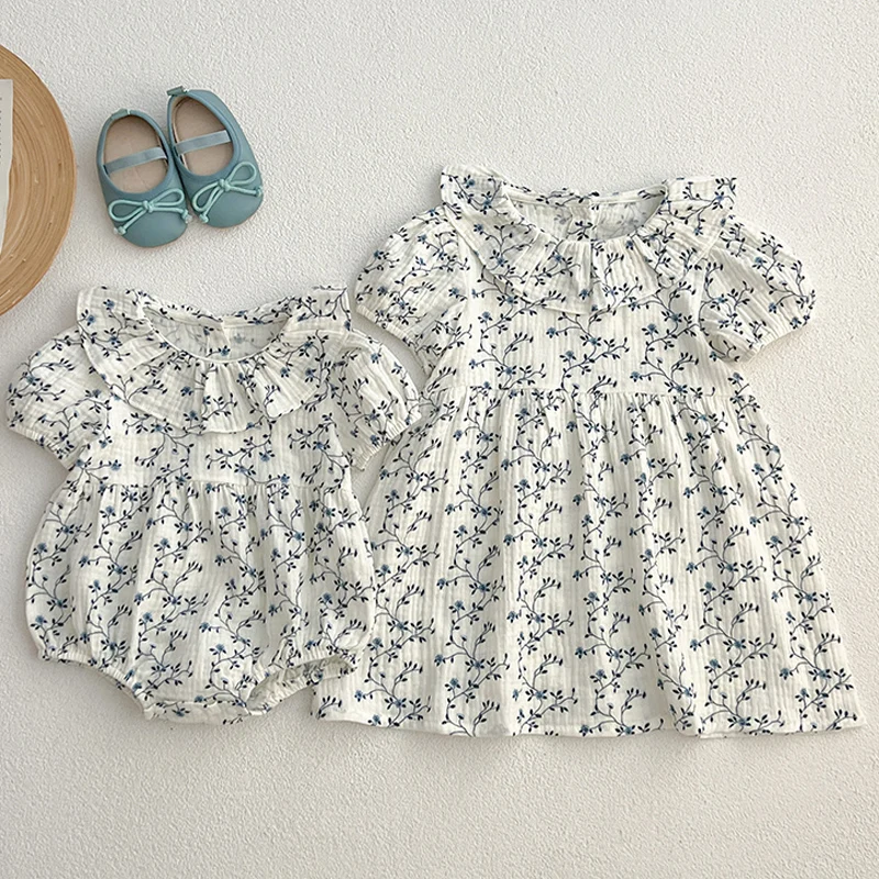Baby Girls Clothes Summer New Baby Girls Short Sleeve ​Dress Flower Print Baby Romper Princess Dress Kids Matching Sister Outfit 2