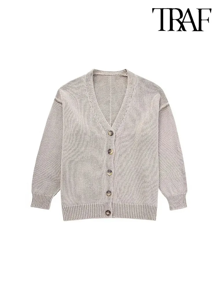

TRAF 2023 Autumn Women Casual V-neck Khaki Elegant Sweaters Knitted Clothing Korean Fashion Style Retro Loose Long Sleeve
