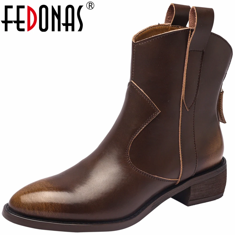 

FEDONAS Vintage Women Genuine Leather Ankle Boots 2023 Autumn Winter Thick Heels Back Zipper Office Lady Short Boots Retro Style