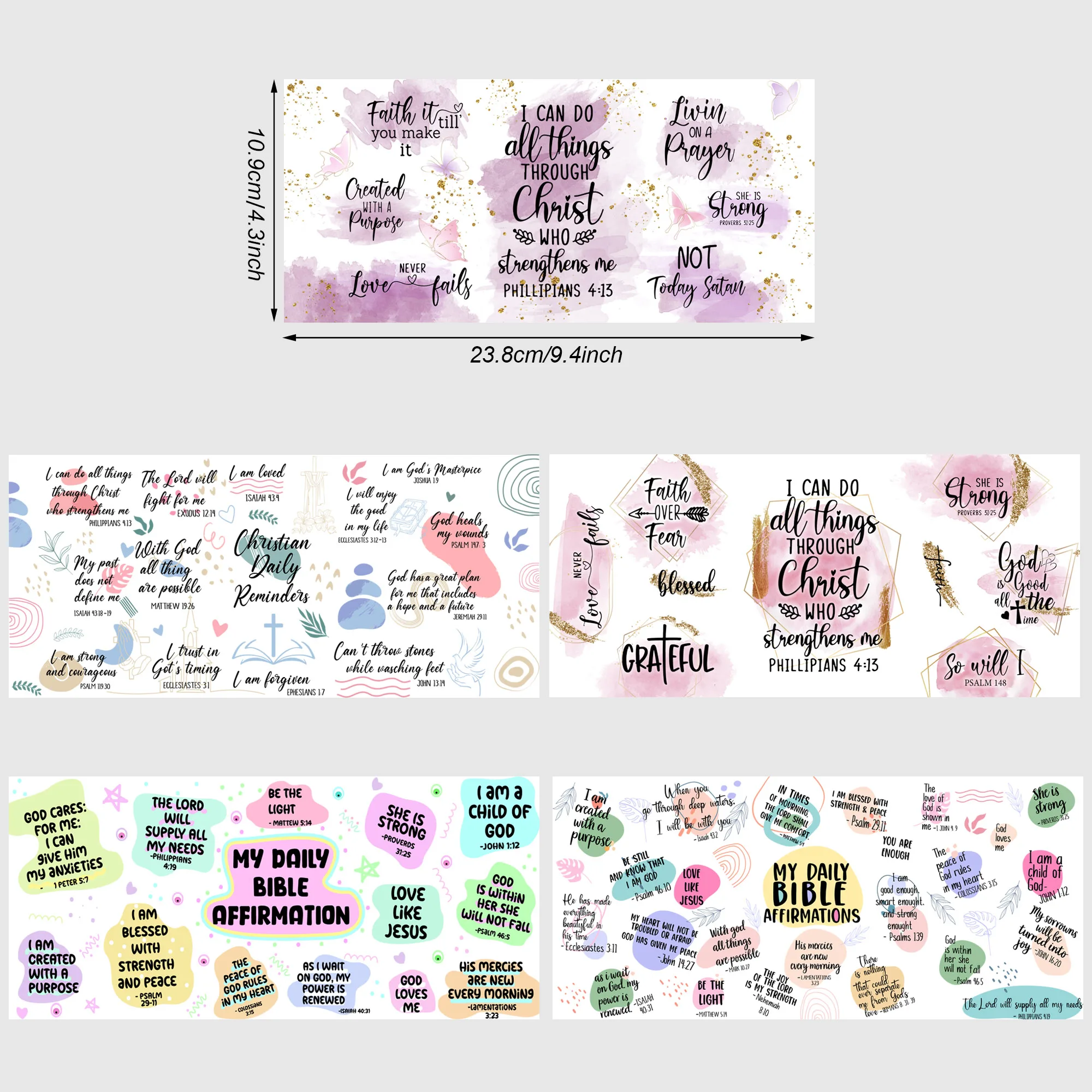5 Sheets Bible Verses UV DTF Cup Stickers, Glass Sports DTF Transfer Stickers, Waterproof Wipe Transfer Paper for 16 oz Glass