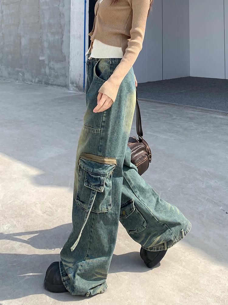 Vintage Harajuku Loose Casual Cargo Jeans for Women Street High Waist Wide Leg Y2K Pockets Denim Pants Girls Trousers Overalls