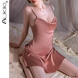Women Sexy Lingerie Satin Nightgown Silk Chemise Mini Slips V Neck Negligee Sleepwear Sexy Nightie Bridal Babydoll