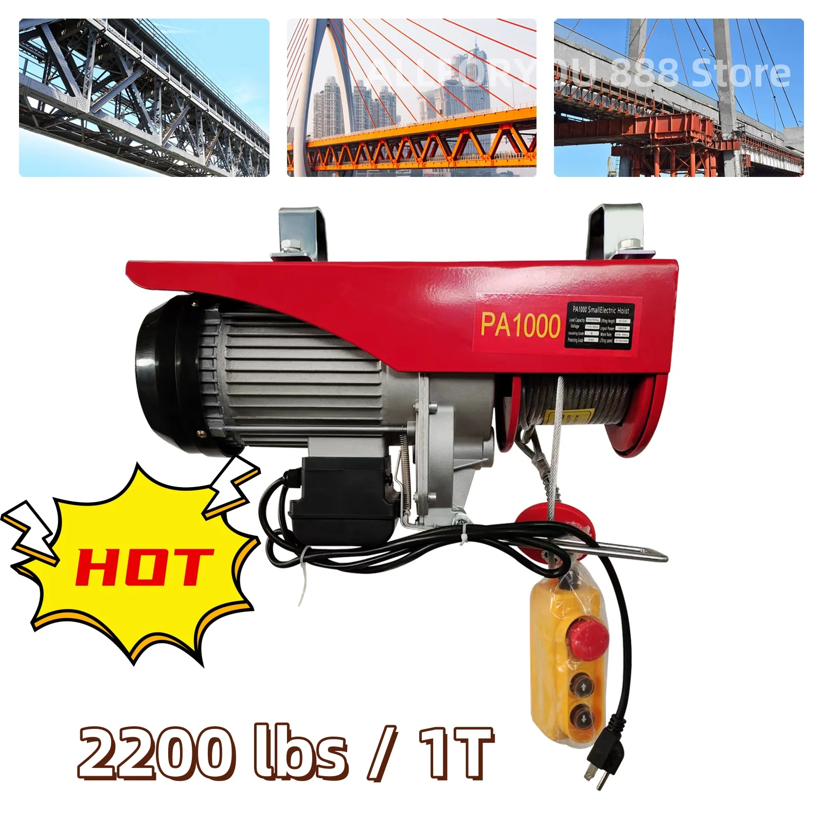 

1800W 2200LBS Electric Wire Cable Hoist Winch Crane Remote Control PA1000 With US Plug