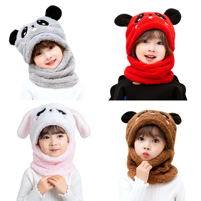Children Cartoon Cute Bear Rabbit Hat Scarf woolen hat kids bonnet cap children beret led beanie hat Girls Boys Winter Soft Thicken Scarves Beanie Double Warm Fleece Kids Hats