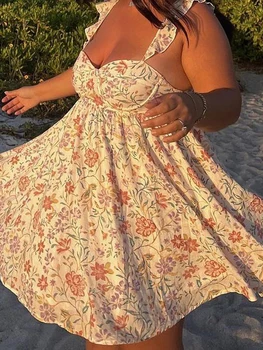 Women V-Neck Maxi Dress Sleeveless Ruffle Floral Print Boho Beach Dress Summer Casual Long Dress with Pockets 3