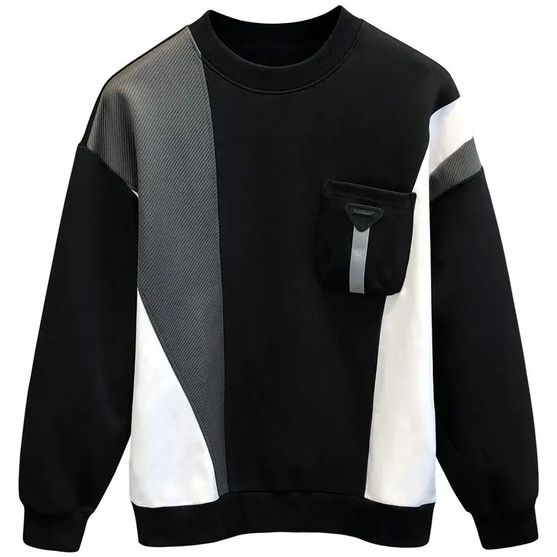 Fashion Loose O-Neck Spliced Pockets Casual Sweatshirts Men's Clothing 2023 Autumn Winter Korean Tops All-match Sweatshirts
