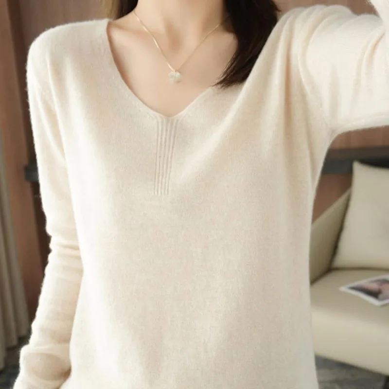 

Повседневные шерстяные свитера с V-образным вырезом, женские весенние корейские однотонные вязаные Джемперы, женские свободные облегающие Топы с длинным рукавом для женщин