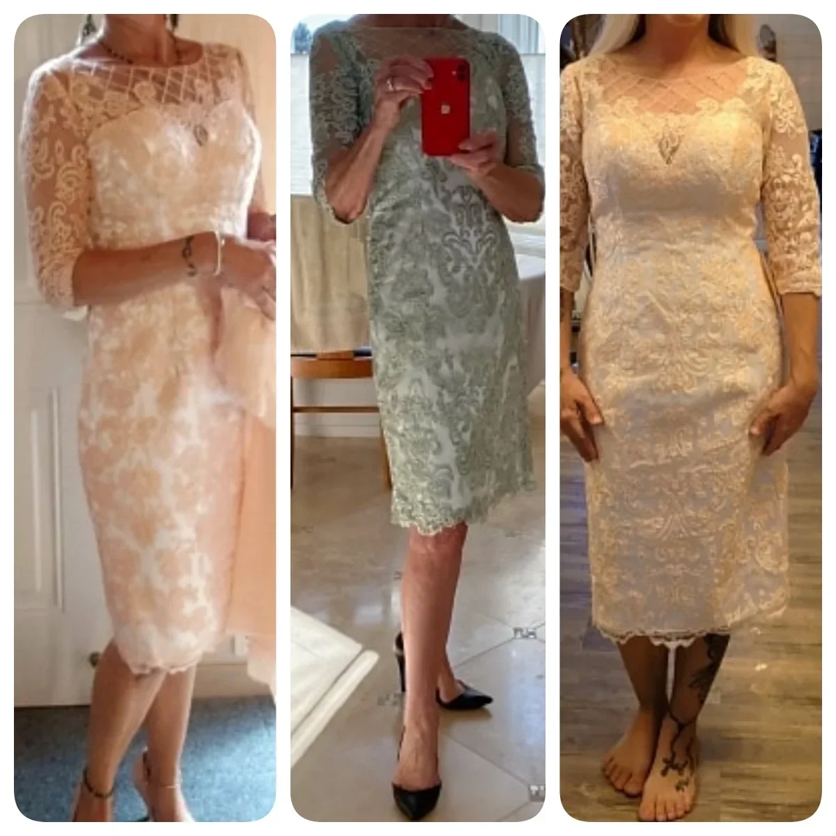 Mother of the Bride Dress Formal Wedding Jewel Neck Knee Length Chiffon Lace 3/4 Length Sleeve Beading Appliques