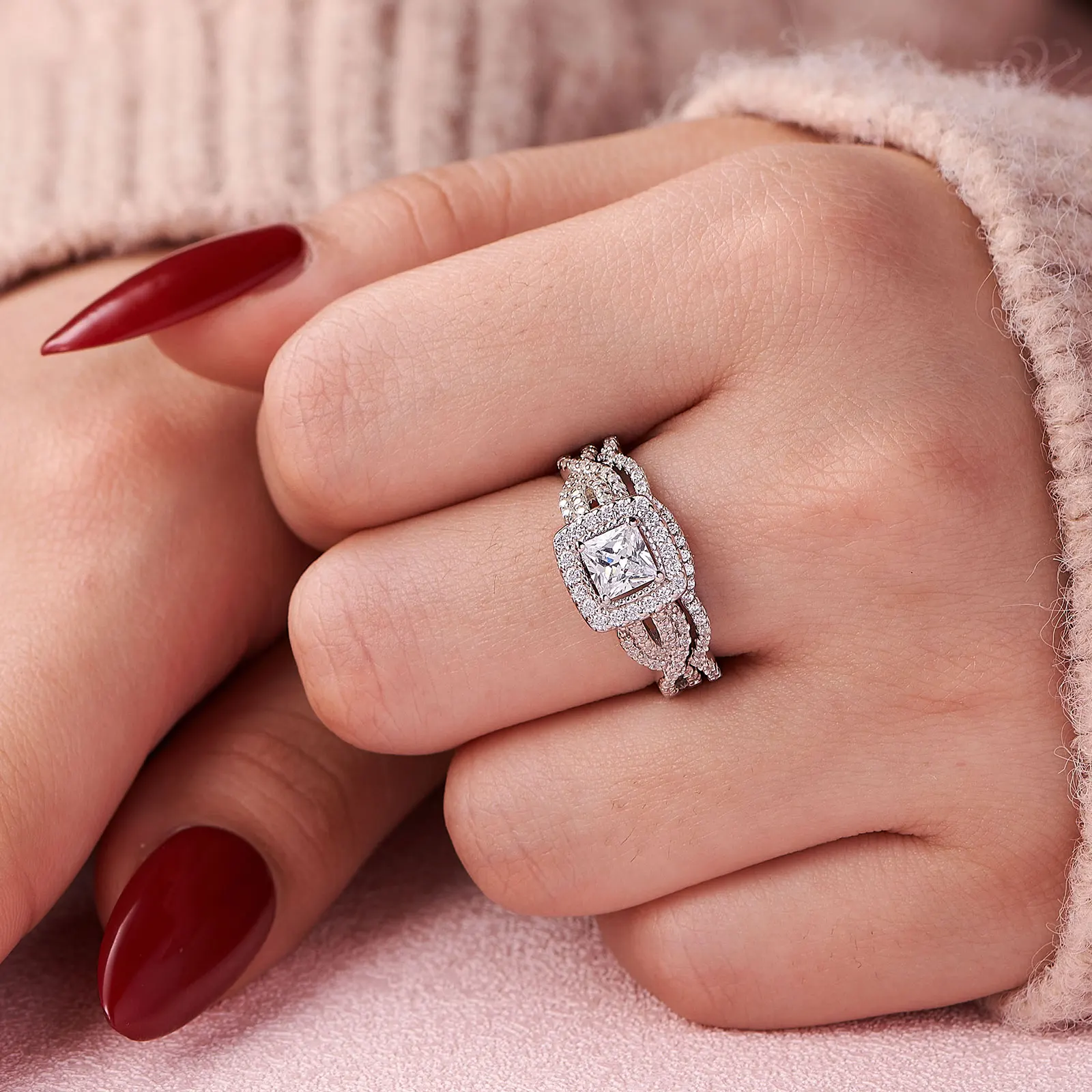 Newshe 2 Pcs 925 Sterling Silver Engagement Ring Wedding Band For Women Princess Cut White AAAAA Cubic Zirconia Classic Jewelry 2