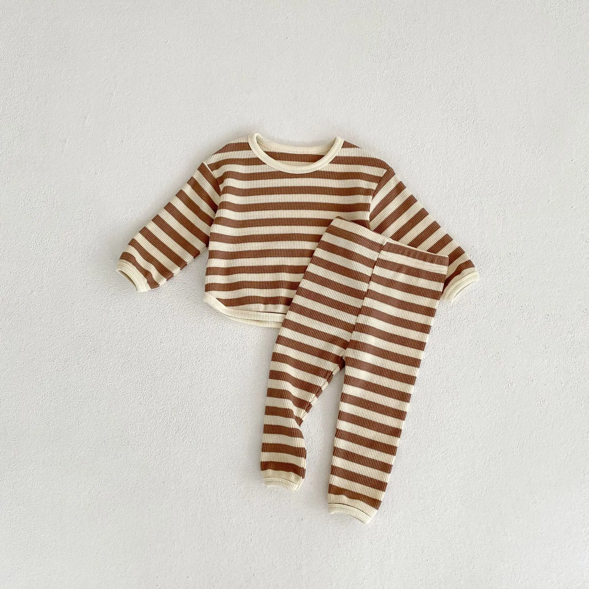 Spring Autumn Baby Girls Waffle Striped Long Sleeved Top Tees + Pant