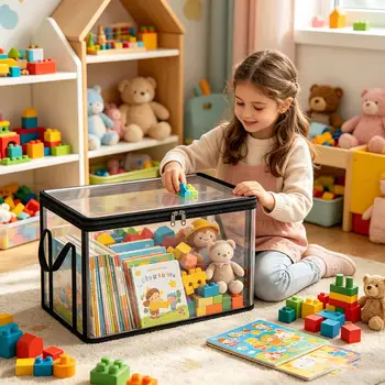 Scatole di Stoccaggio Impilabili Trasparenti, Contenitori Organizzatori di Grande Capacità per Libri, Giocattoli, Vestiti, Snack, Design Impilabile Salvaspazio ﻿