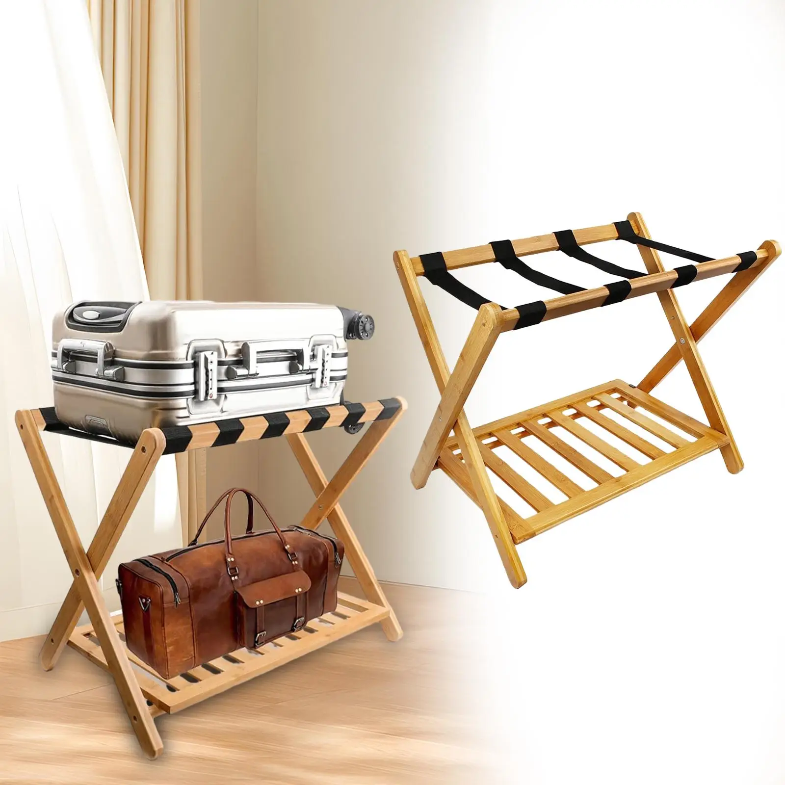 

Luggage Rack Wood Heavy Duty Portable Foldable Thickened Organizer Two Tier Shelf Suitcase Stand for Guest Room Hotel Bedroom