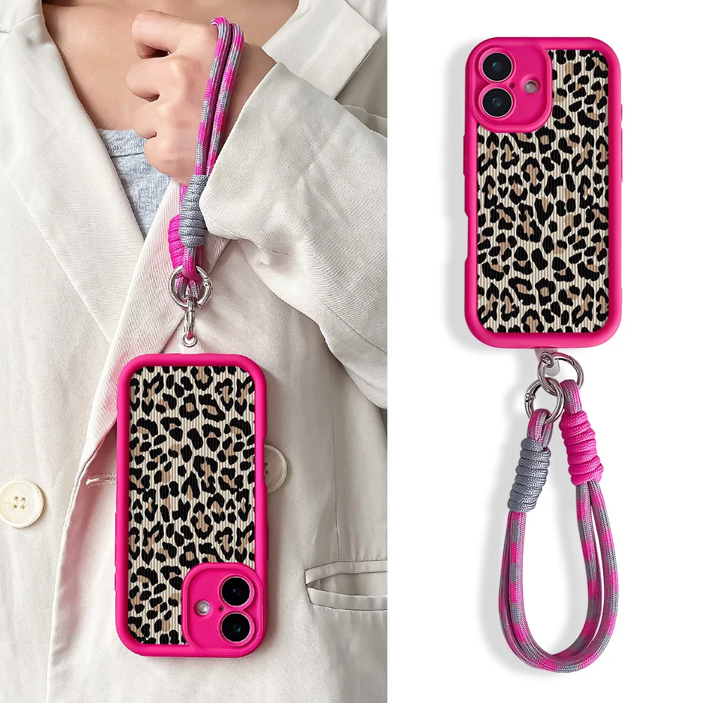Stylish Leopard Pattern Lanyard Phone Case with Wrist Strap and Shockproof Soft TPU Back Cover