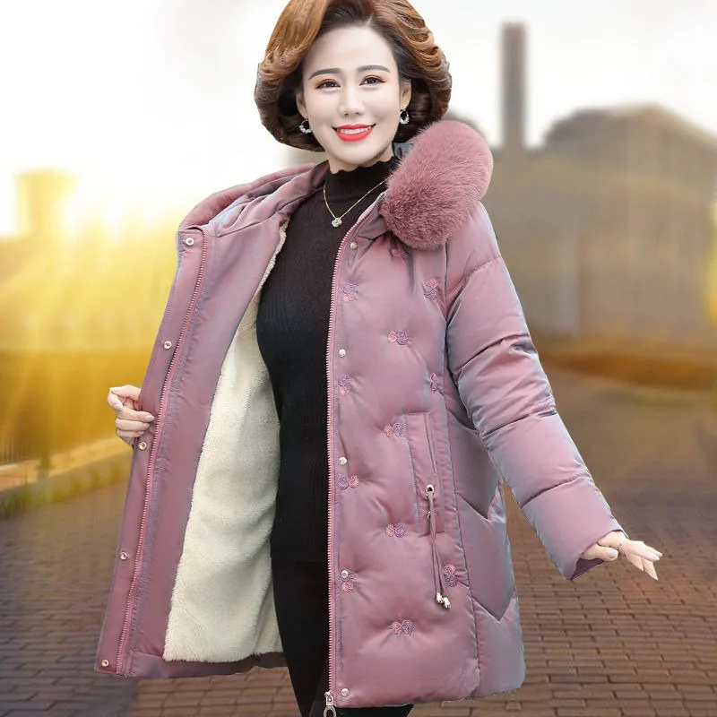 2023New Women Down Cotton Coat Winter Jacket Female Brushed Thick Parkas Loose Large Outwear Mid Length Version Hooded Overcoat