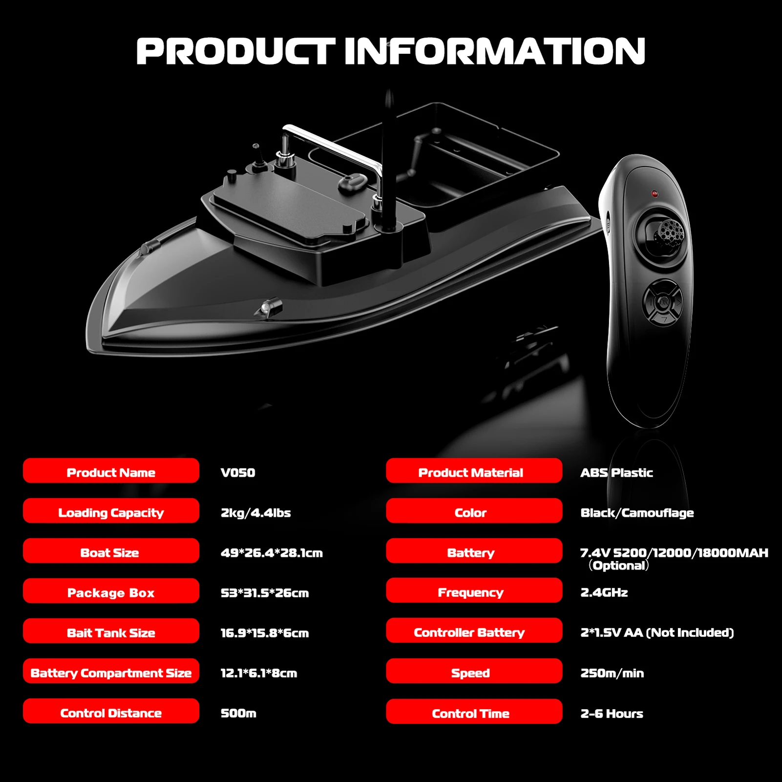V050 Fishing Bait Boat 500m Remote Control Bait Boat Dual Motor Fish Finder  2KG Loading Support Automatic Cruise/Route Correctio - AliExpress