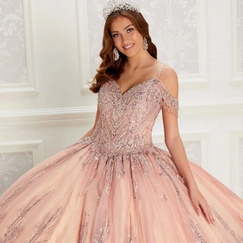 Graceful Off The Shoulder Quinceanera Dresses Sparkly Appliques Beaded Ball Gown Pink Mexican Sweet 16 Dresses 15 Anos