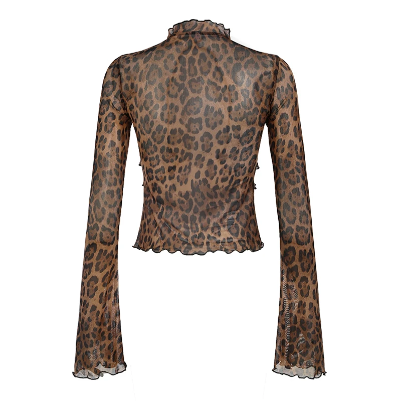 Leopard Print Vintage Brown Long Sleeve Crop Top Shirring Detail V-neck Lace-up T-shirt Party Women Outfits Autumn