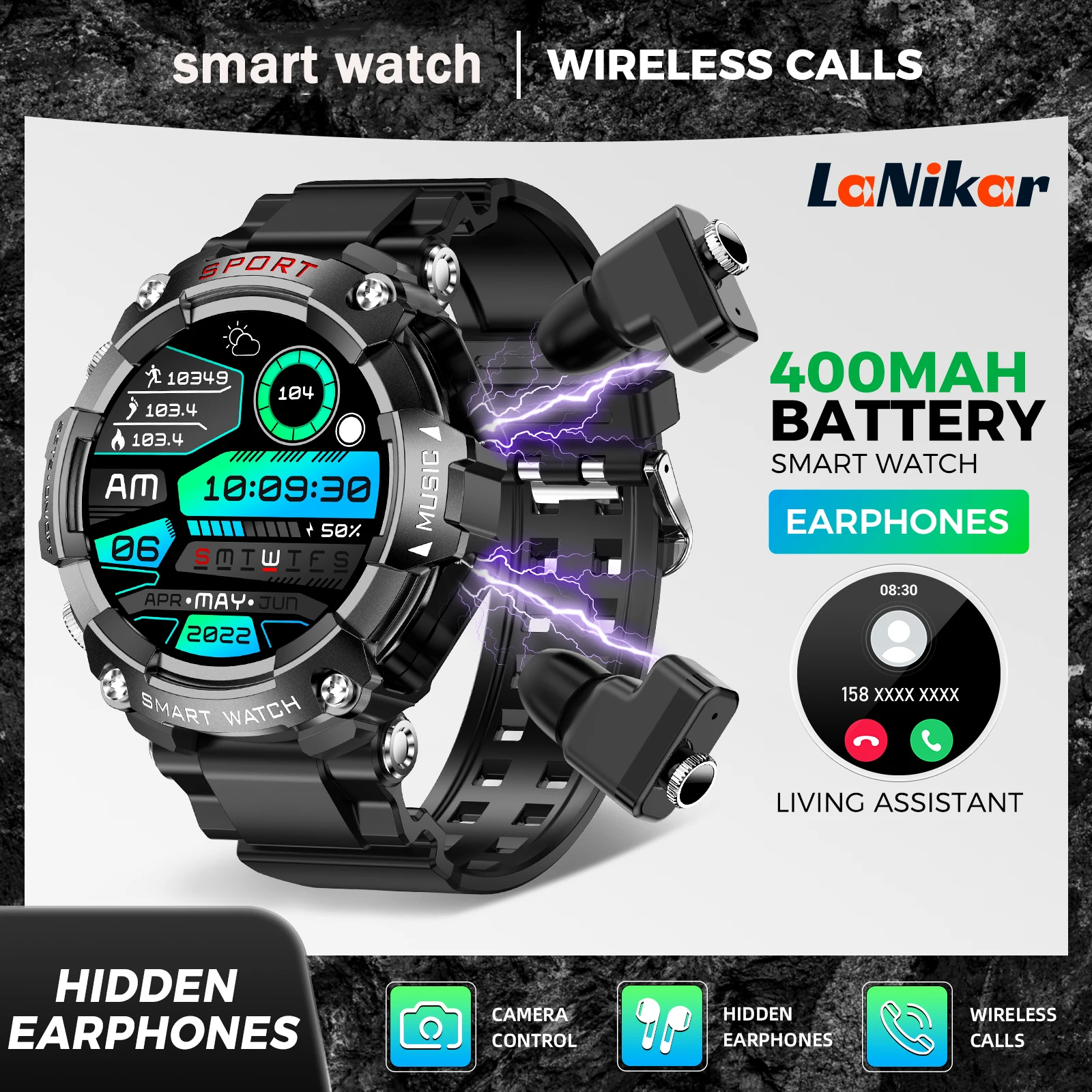 LaNikar Smart Watch AMOLED Display With In-Ear Bluetooth Headset Heart Rate Blood Pressure Oxygen Saturation Monitoring HD Audio 1