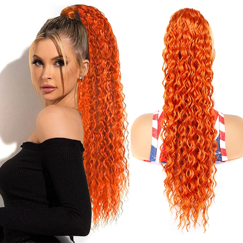 

22inch Long Drawstring Clip in Ponytail Hair Extension Synthetic Kinky Curly Pony Tail for Women Blonde Natural Fake Hairpiece