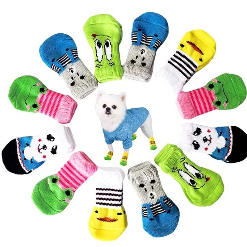 

4-Pack Pet Dog Socks Warm Tape Print Anti-Slip Cat & Puppy Shoe Paw Protection For Small Anti-Scratch Anti-Dirty Pet Supplies