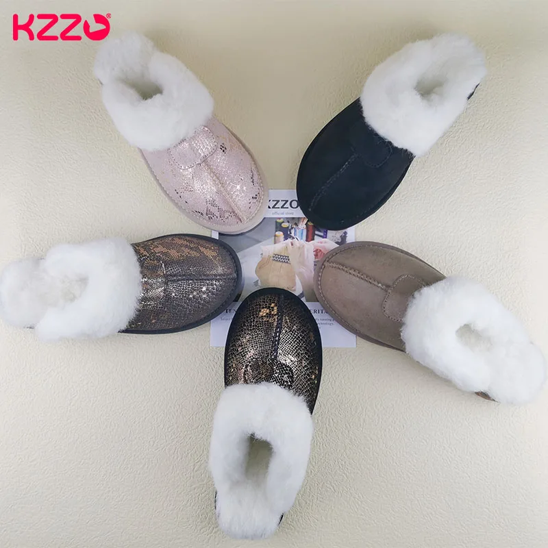 KZZO New Arrive Genuine Leather Slippers Fashion Female Winter Slippers Women Warm Indoor Slippers Soft Wool Lady Home Shoes 6