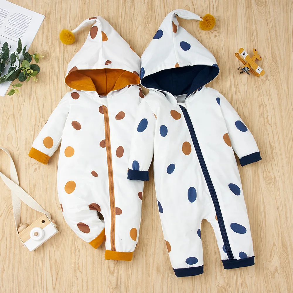 

Infant Baby Boy Girl Romper Newborn Zipper Long Sleeves Clothes Polka Dots Hooded Outfits 0-12M Jumpsuit